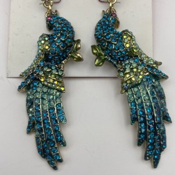 Betsey Johnson Earrings Keeping Up With The Critters Peacock Bird Teal Crystal - Picture 4 of 8